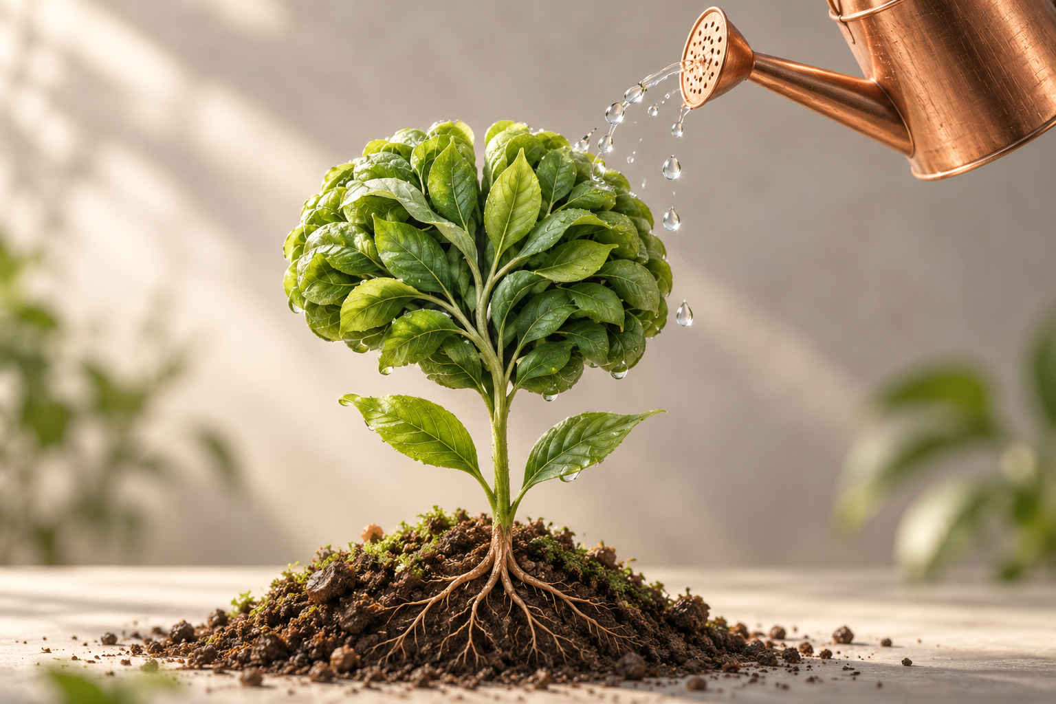 Leafy sprout with a brain-shaped canopy being watered by a copper watering can