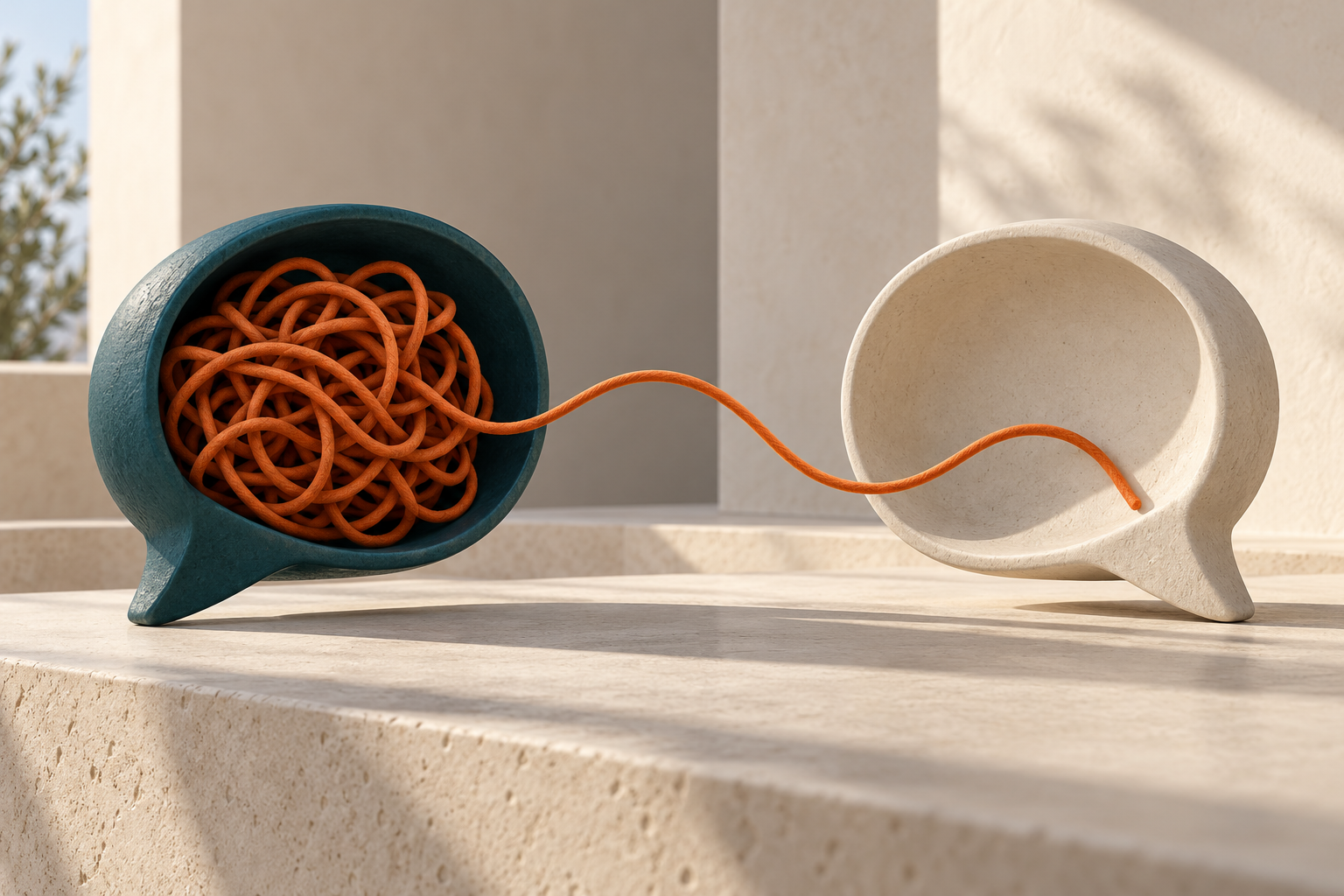 Abstract ceramic speech bubbles linked by an orange thread, tangled in one bubble and becoming clearer as it reaches the other